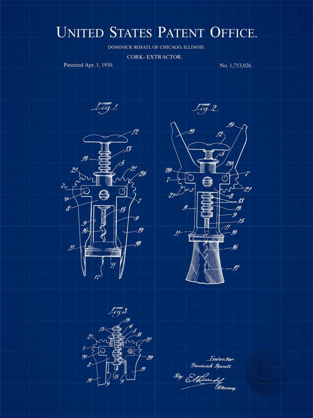 Man Cave / Poker / Cigar | Cork Remover | 1928 Wine Patent Beer / Whiskey / Wine Antique