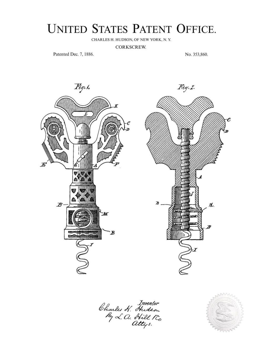 Man Cave / Poker / Cigar | Corkscrew Design | 1886 Patent Beer / Whiskey / Wine Antique