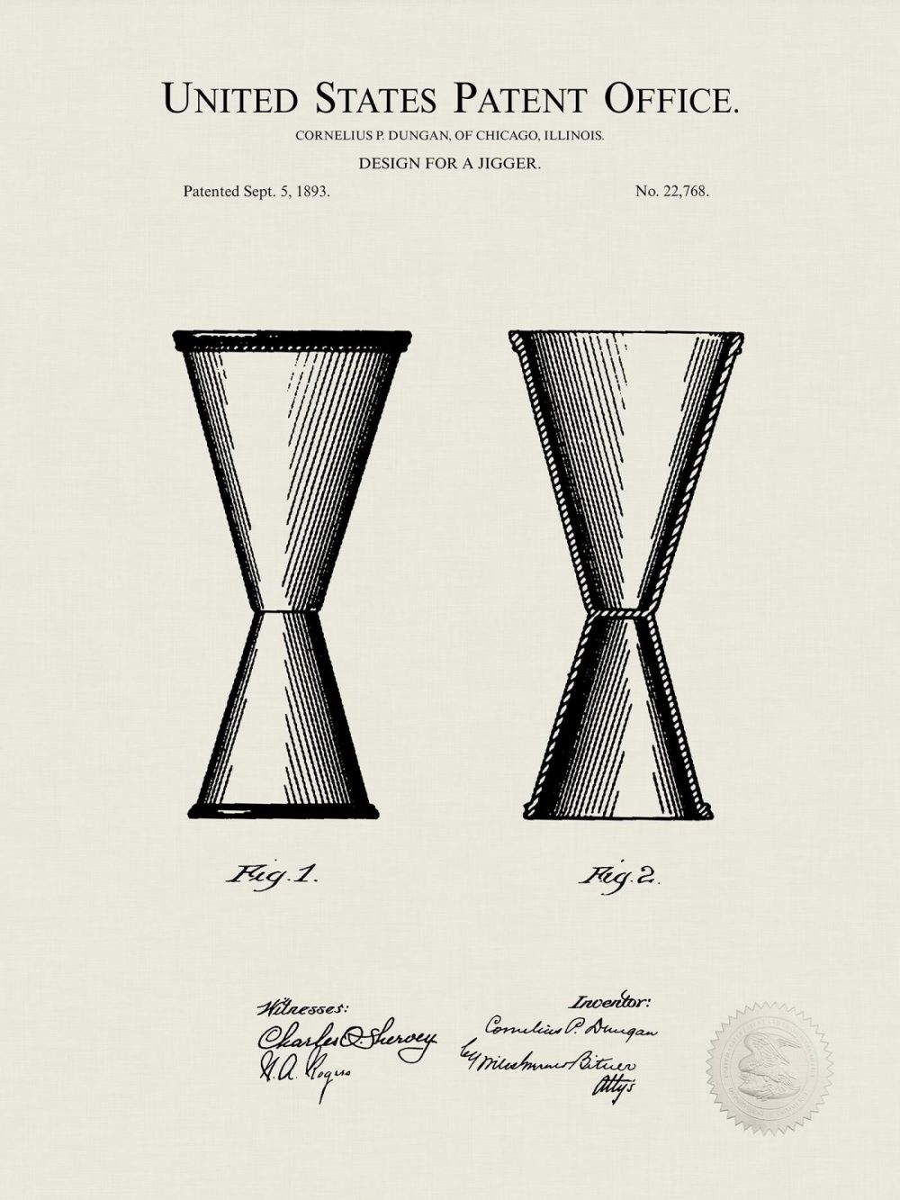 Man Cave / Poker / Cigar | Liquor Jigger Design | 1893 Patent Beer / Whiskey / Wine Antique