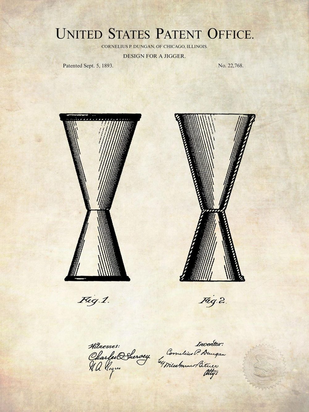 Man Cave / Poker / Cigar | Liquor Jigger Design | 1893 Patent Beer / Whiskey / Wine Antique