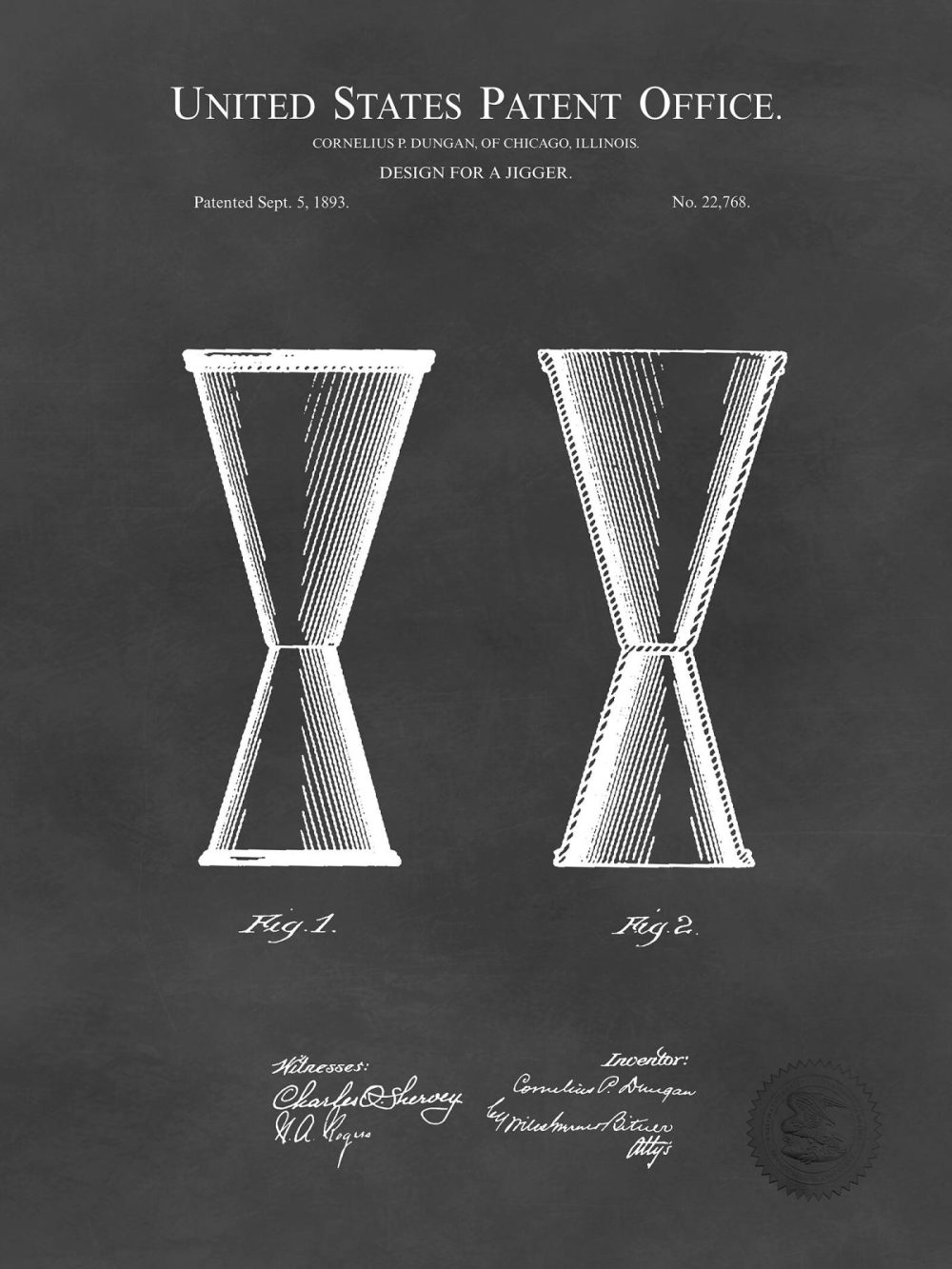 Man Cave / Poker / Cigar | Liquor Jigger Design | 1893 Patent Beer / Whiskey / Wine Antique