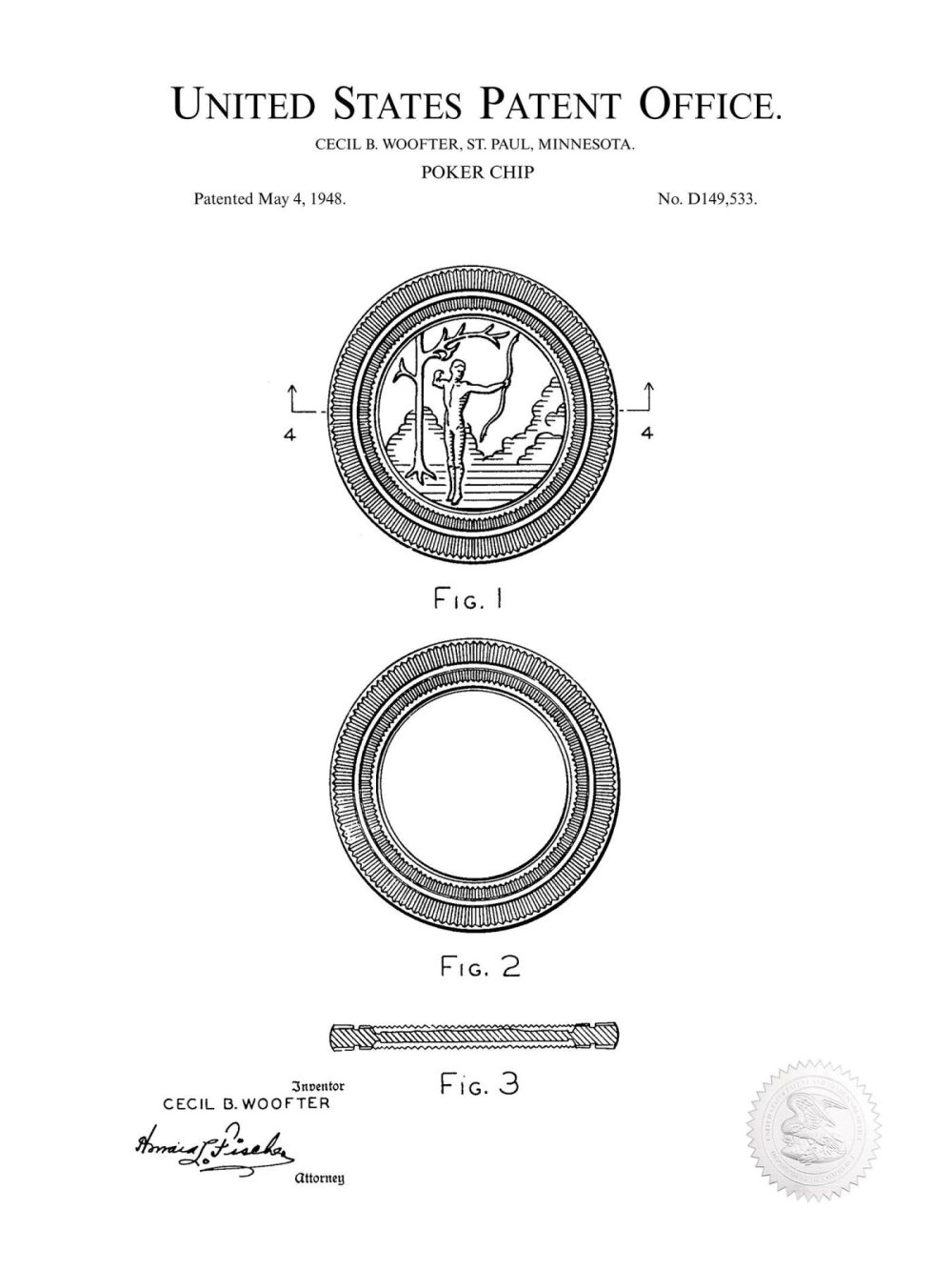 Man Cave / Poker / Cigar | Poker Chip | 1948 Design Patent Beer / Whiskey / Wine Antique