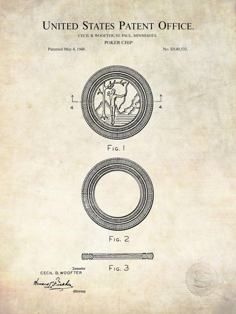 Man Cave / Poker / Cigar | Poker Chip | 1948 Design Patent Beer / Whiskey / Wine Antique