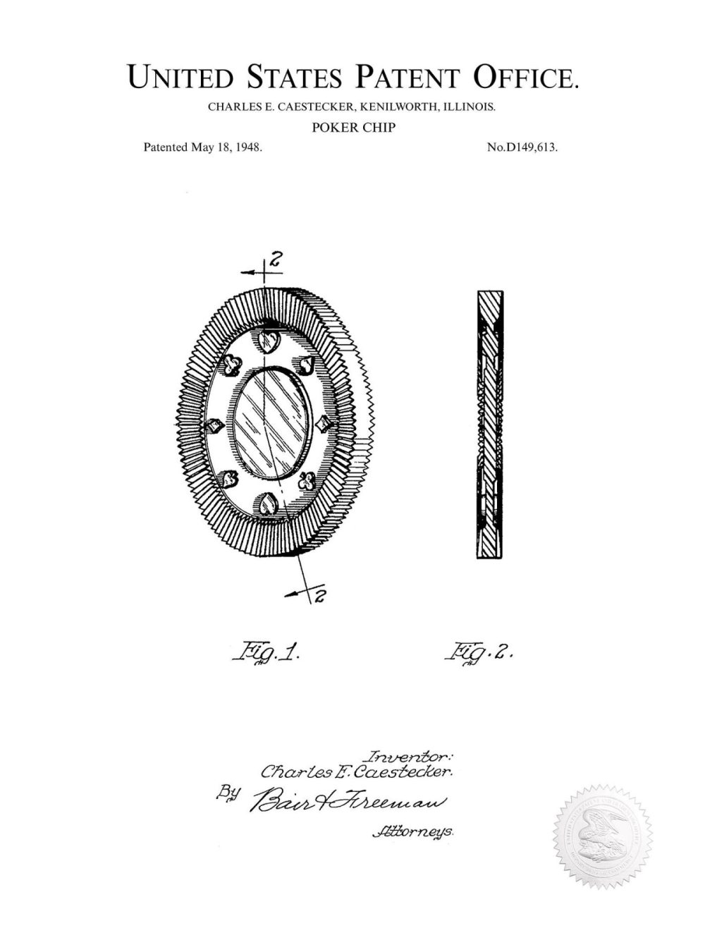 Man Cave / Poker / Cigar | Poker Chip Design | 1948 Patent Beer / Whiskey / Wine Antique