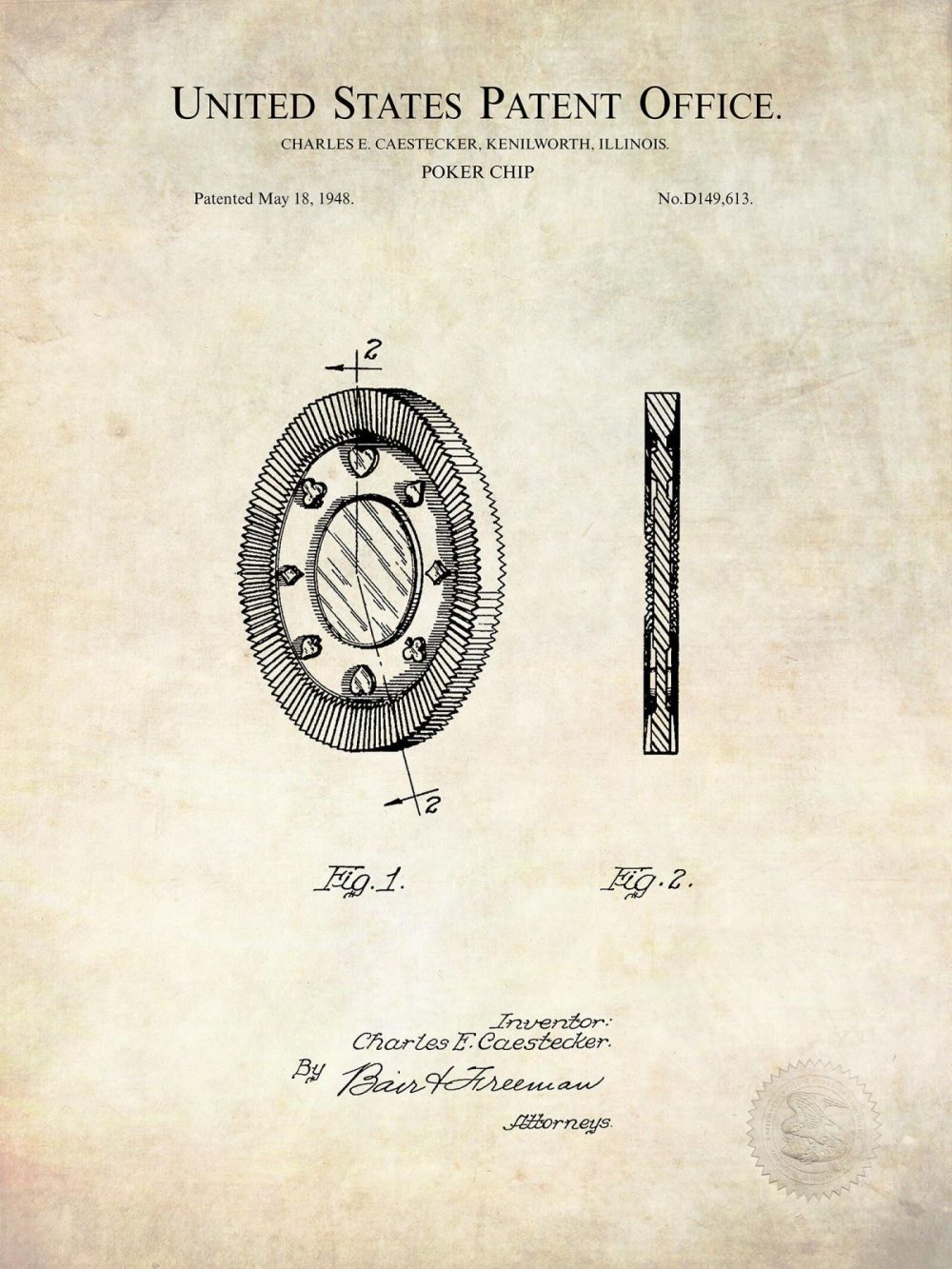 Man Cave / Poker / Cigar | Poker Chip Design | 1948 Patent Beer / Whiskey / Wine Antique