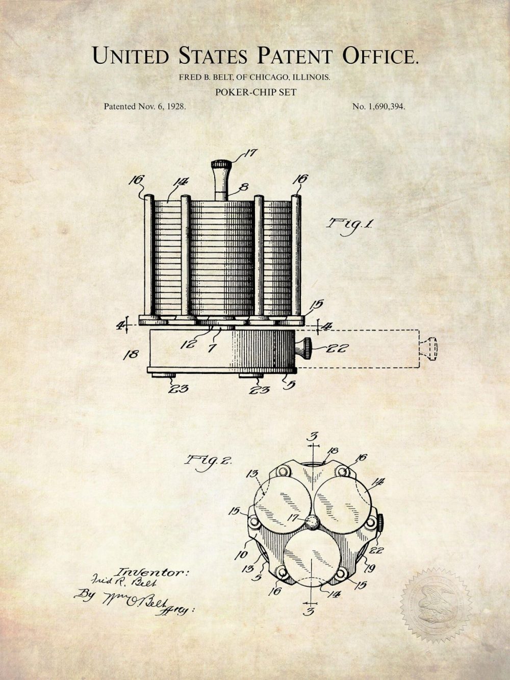 Man Cave / Poker / Cigar | Poker Chip Set | 1928 Patent Beer / Whiskey / Wine Antique