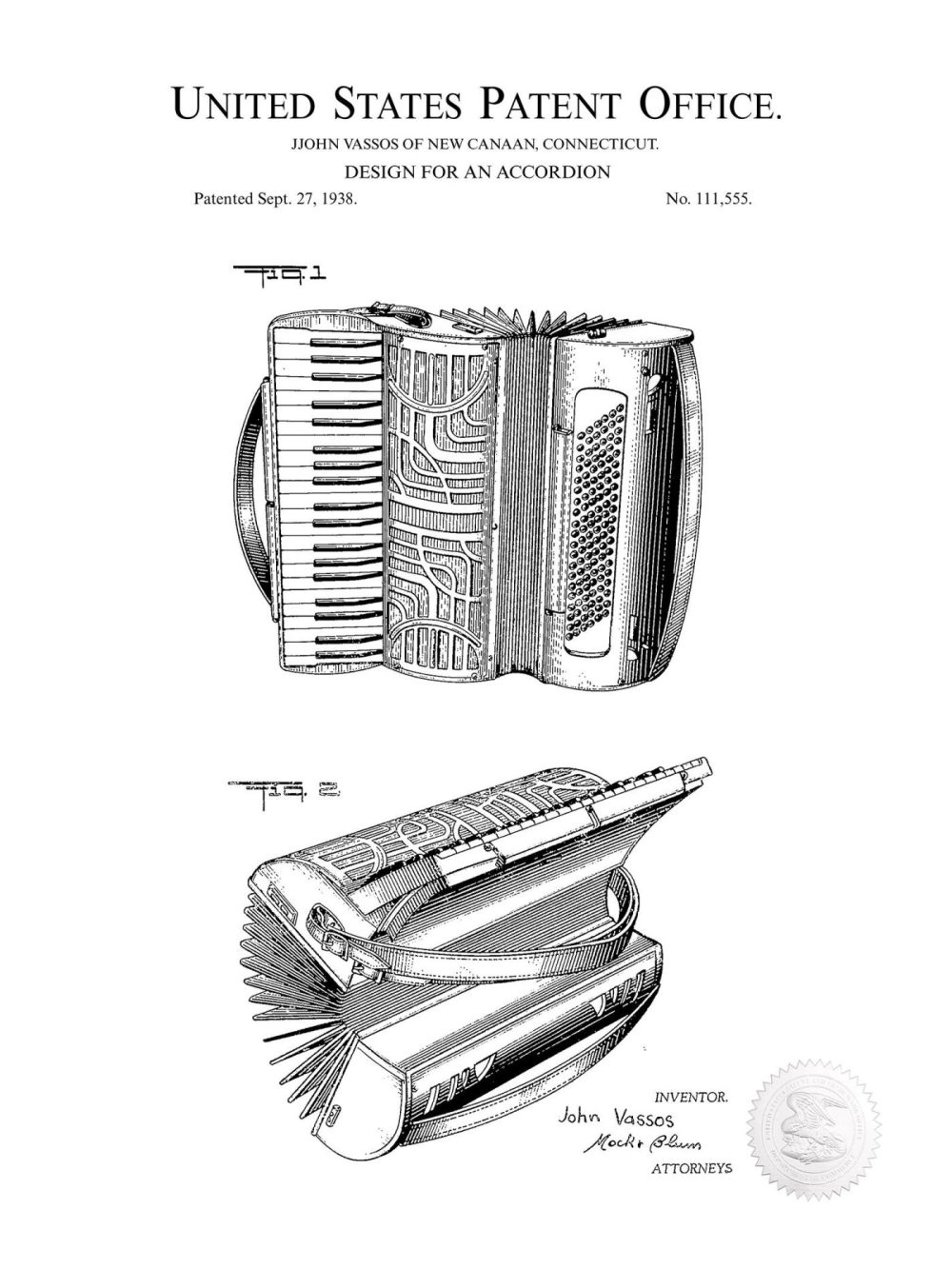 Music / Hip Hop / Instruments | Accordion Print | 1938 Patent Music / Hip Hop / Instruments Antique