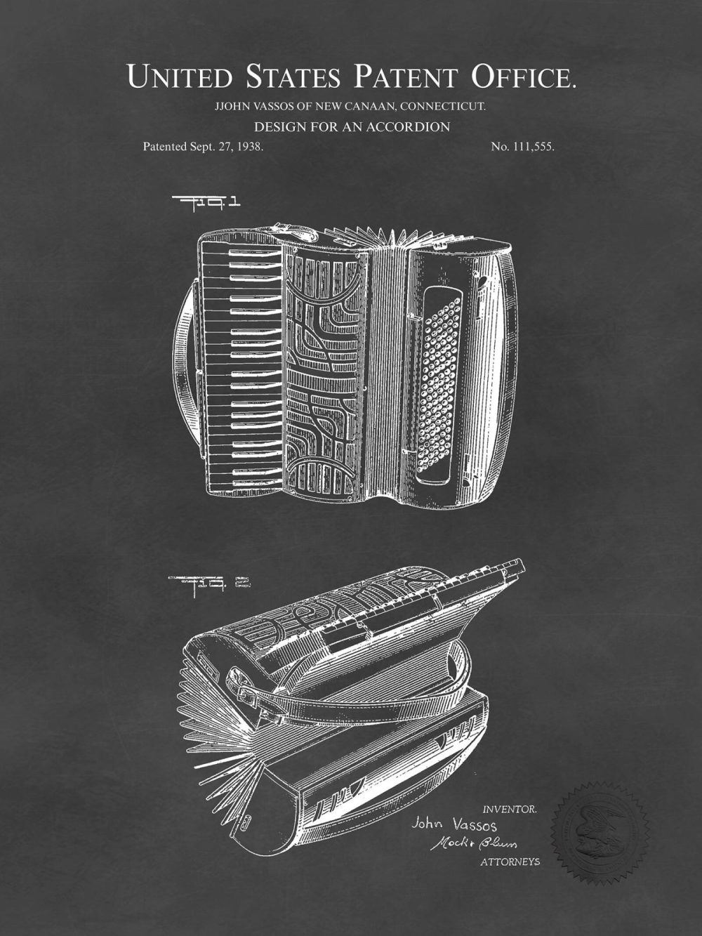 Music / Hip Hop / Instruments | Accordion Print | 1938 Patent Music / Hip Hop / Instruments Antique