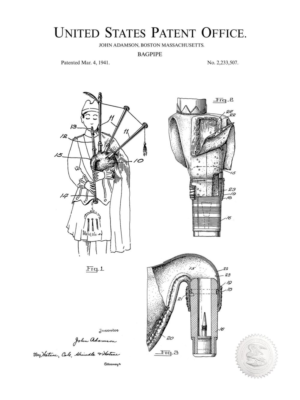 Music / Hip Hop / Instruments | Bagpipe Design | 1940 Patent Print Music / Hip Hop / Instruments Antique