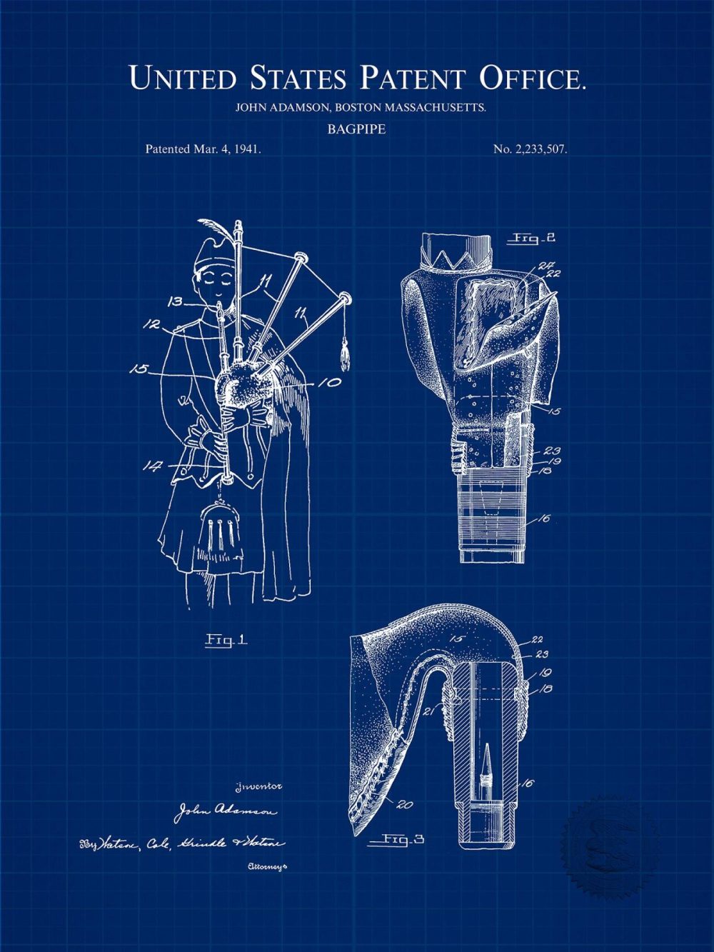 Music / Hip Hop / Instruments | Bagpipe Design | 1940 Patent Print Music / Hip Hop / Instruments Antique