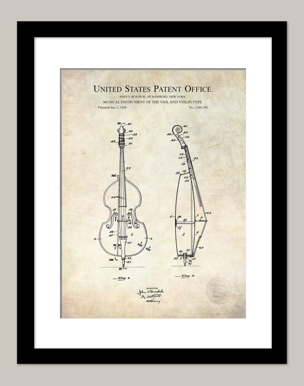 Music / Hip Hop / Instruments | Bass Violin Design | 1934 Patent Print Music / Hip Hop / Instruments Antique