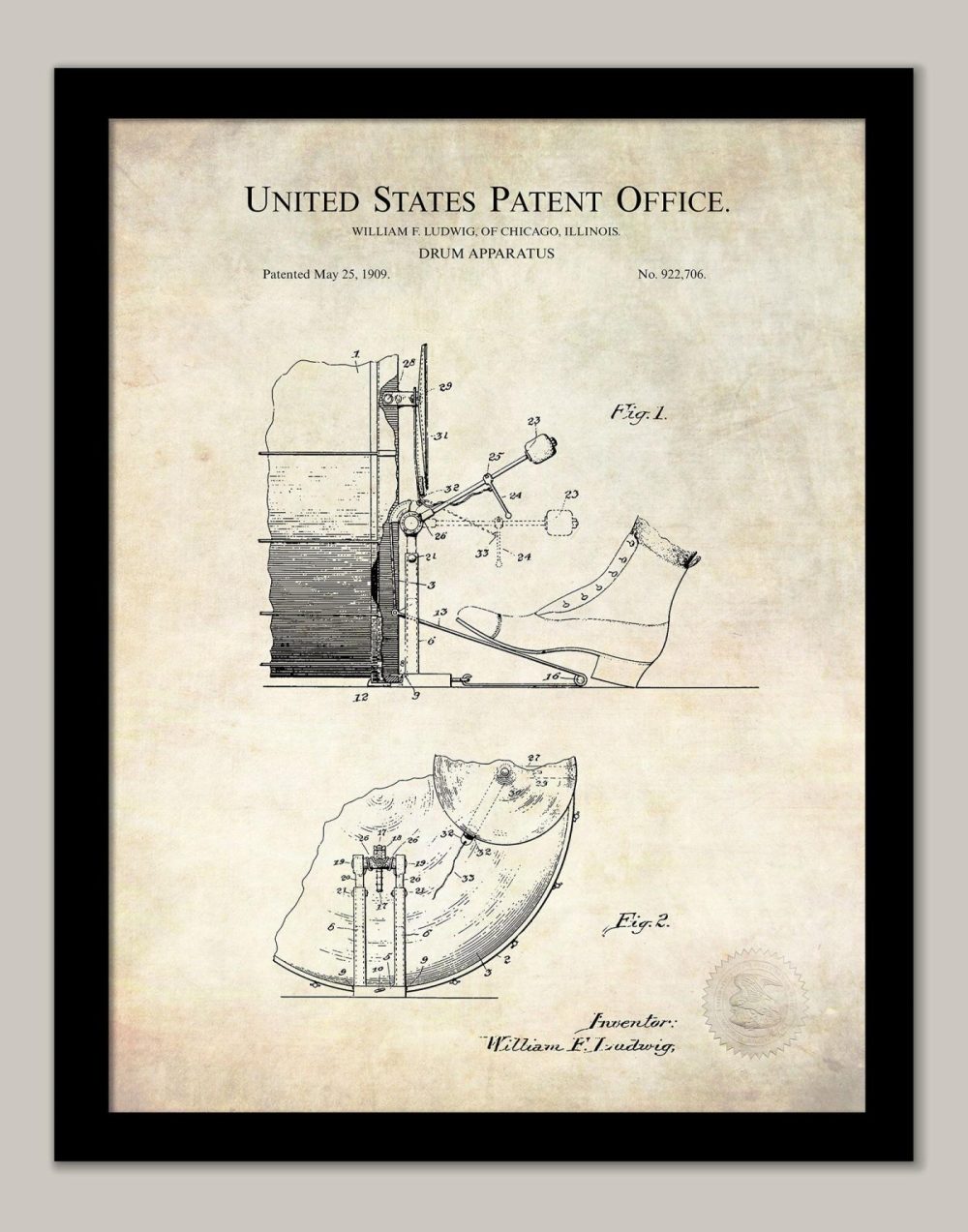 Music / Hip Hop / Instruments | Drum Design | 1909 Patent Print Music / Hip Hop / Instruments Antique