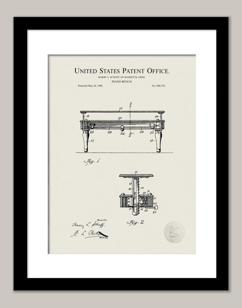 Music / Hip Hop / Instruments | Piano Bench Design | 1908 Patent Print Music / Hip Hop / Instruments Antique