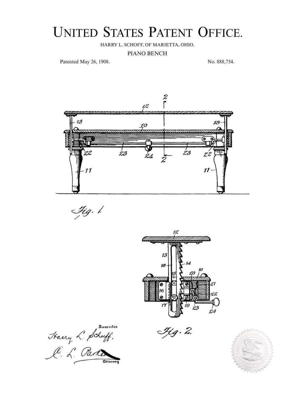 Music / Hip Hop / Instruments | Piano Bench Design | 1908 Patent Print Music / Hip Hop / Instruments Antique