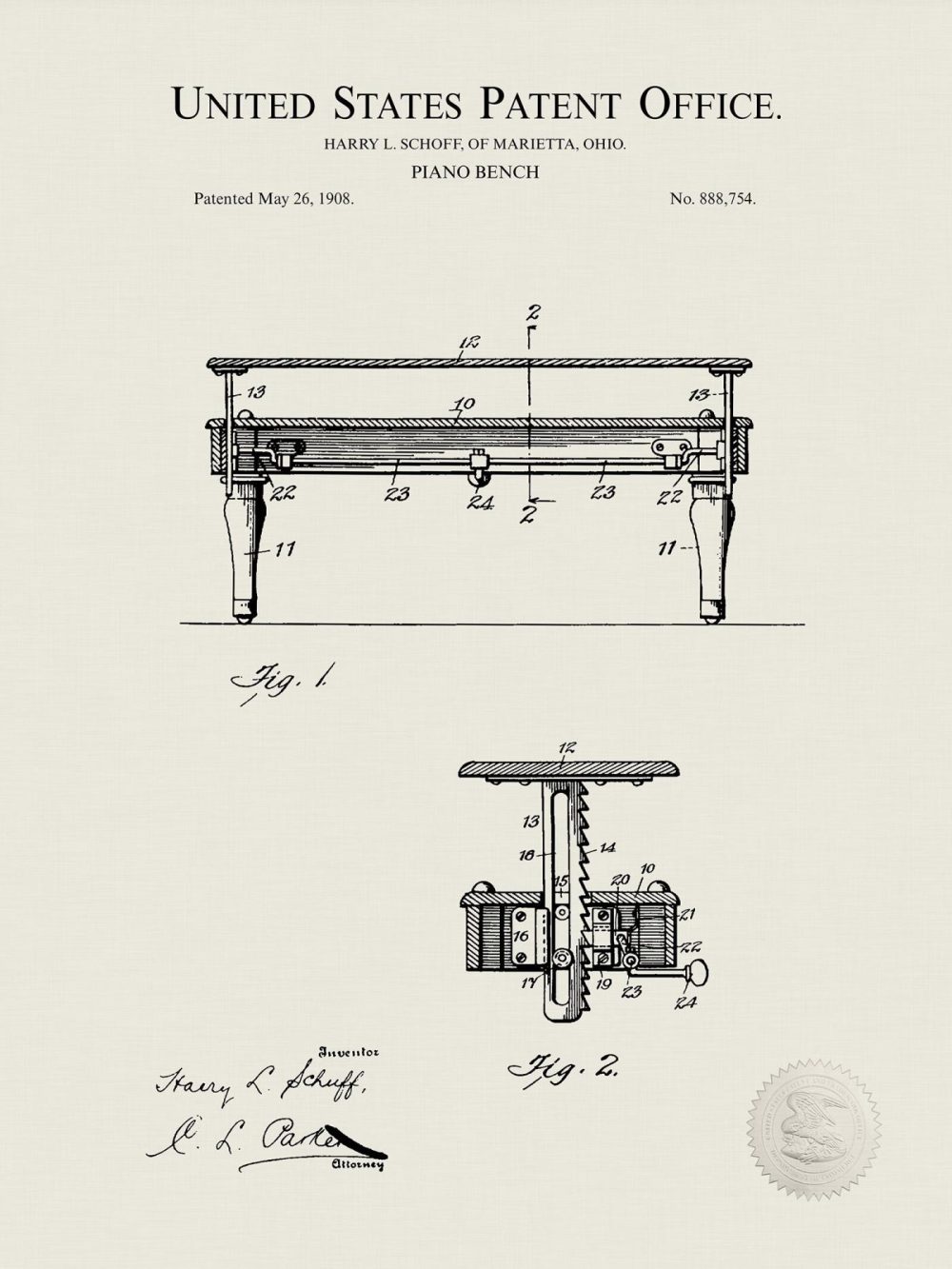 Music / Hip Hop / Instruments | Piano Bench Design | 1908 Patent Print Music / Hip Hop / Instruments Antique