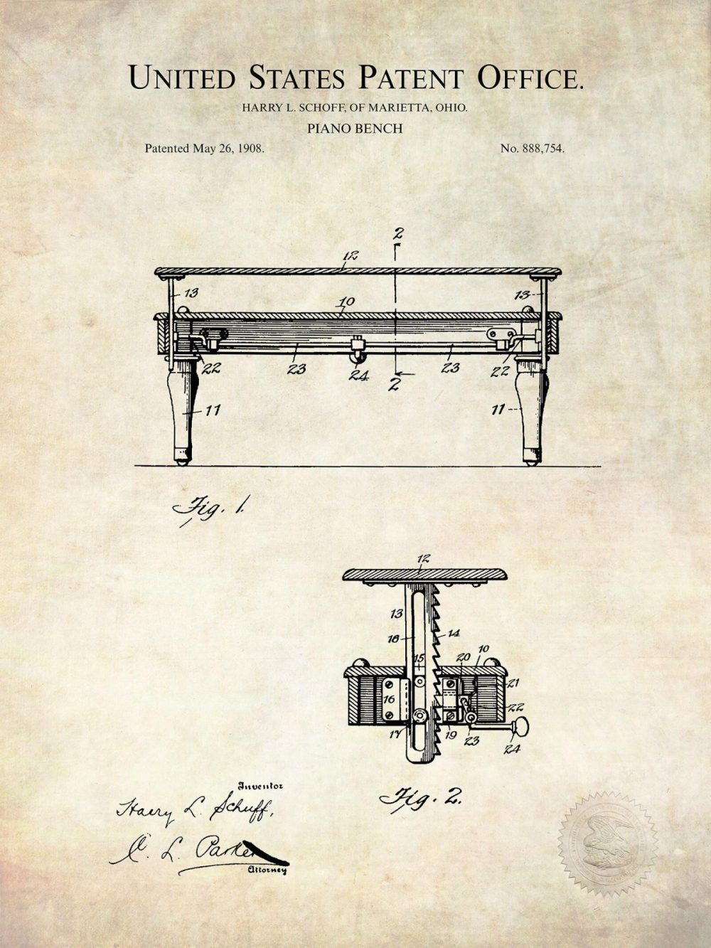 Music / Hip Hop / Instruments | Piano Bench Design | 1908 Patent Print Music / Hip Hop / Instruments Antique