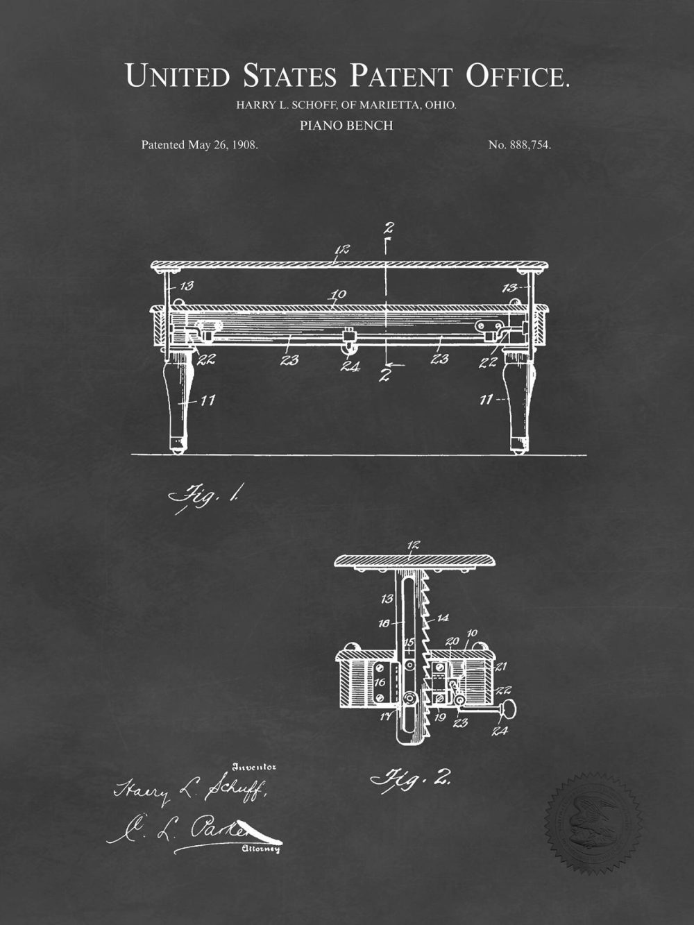 Music / Hip Hop / Instruments | Piano Bench Design | 1908 Patent Print Music / Hip Hop / Instruments Antique