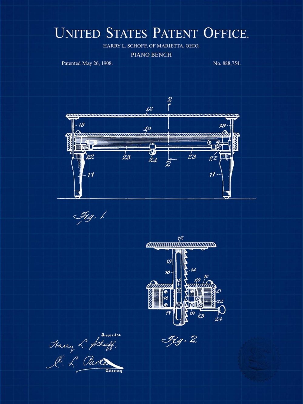 Music / Hip Hop / Instruments | Piano Bench Design | 1908 Patent Print Music / Hip Hop / Instruments Antique