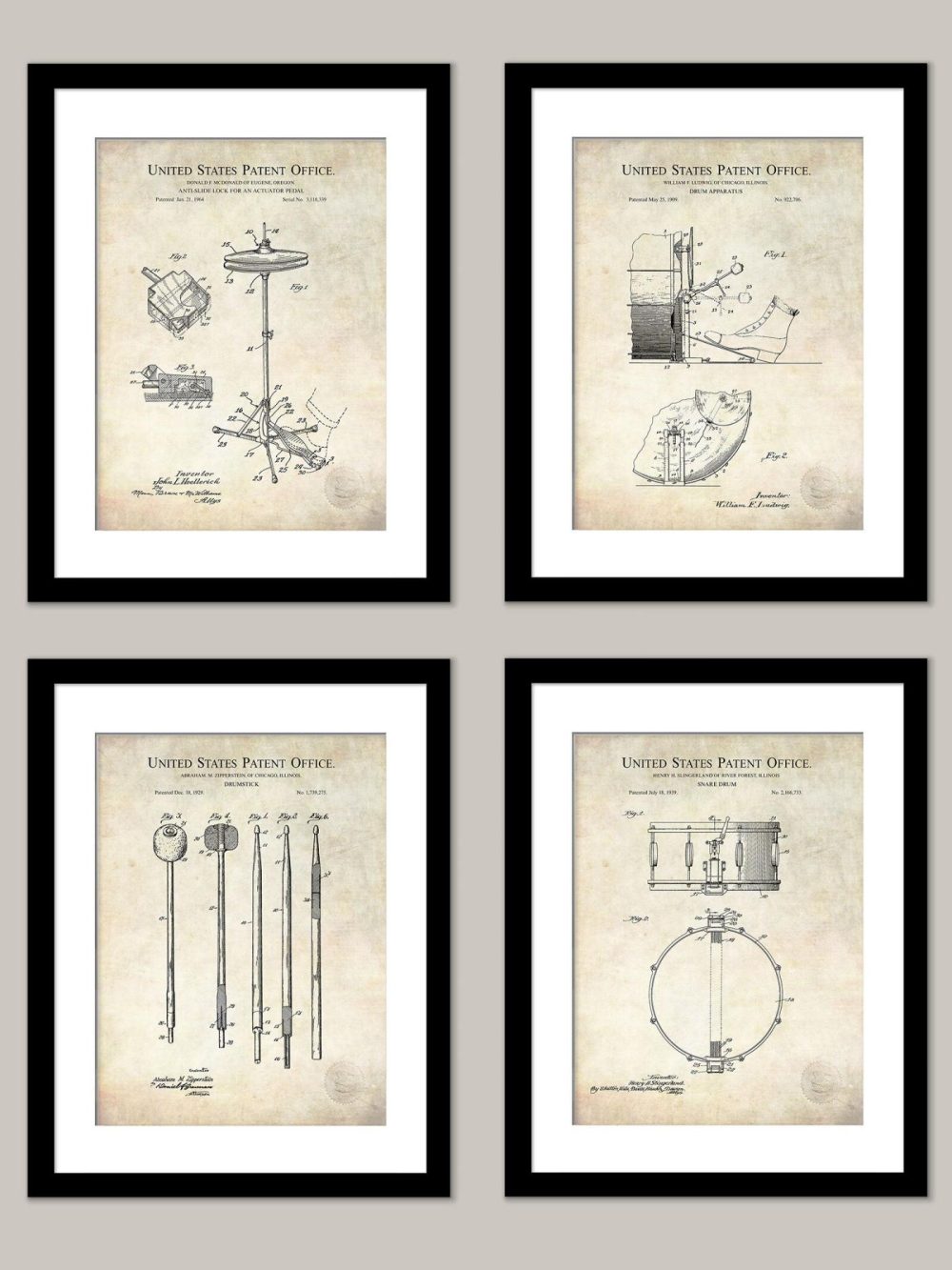 Music / Hip Hop / Instruments | Vintage Drum Patent Prints Set Music / Hip Hop / Instruments Antique