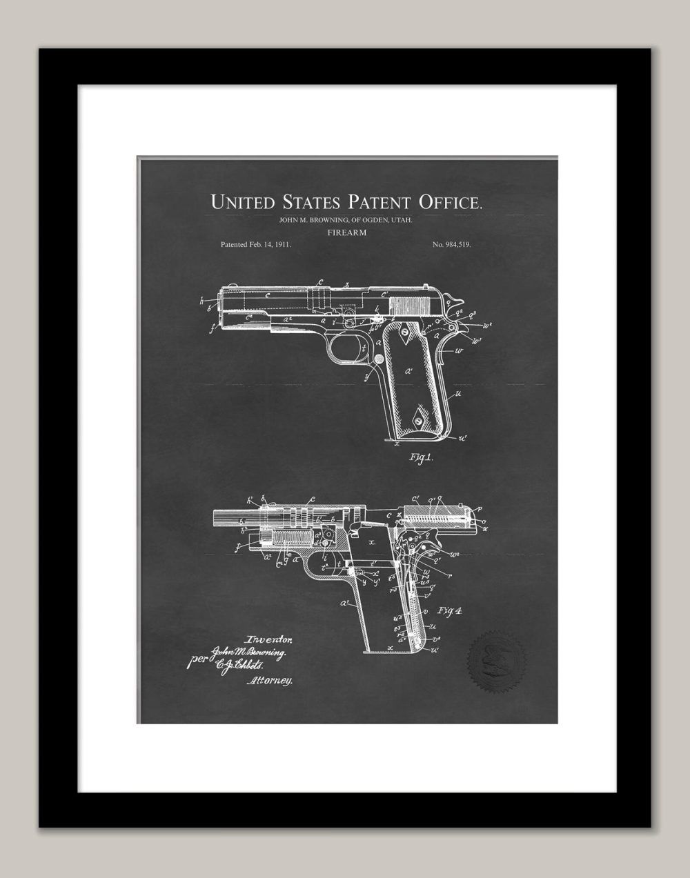 Police / Fire / Ems / Military | Browning Handgun Print | 1911 Patent Police / Fire / Ems / Military Antique