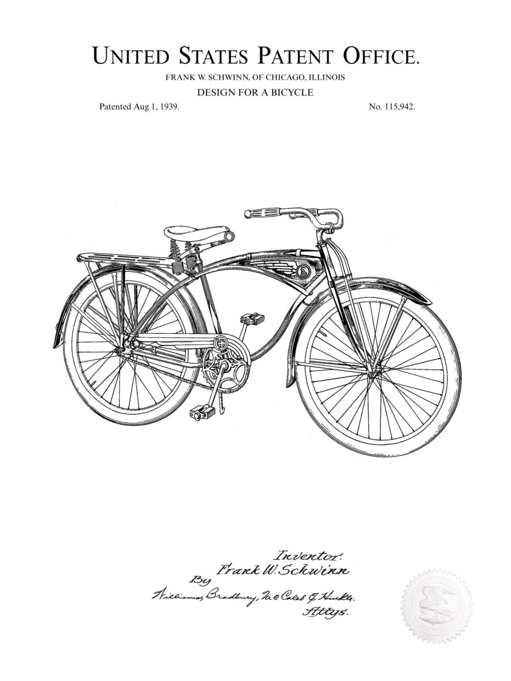 Sports | 1939 Schwinn Bicycle Patent Print Shop Antique