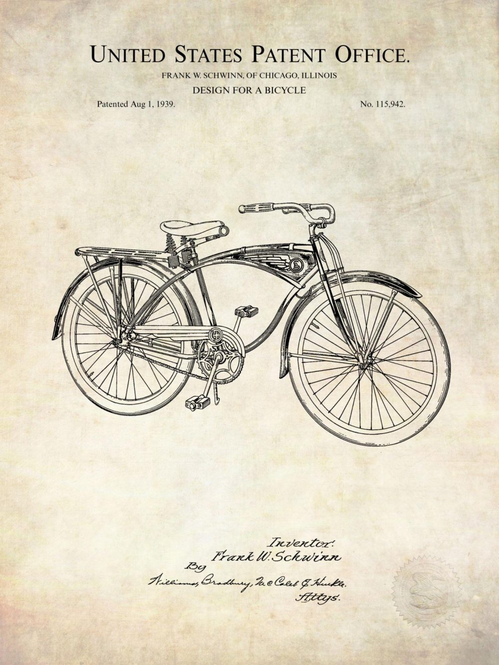 Sports | 1939 Schwinn Bicycle Patent Print Shop Antique