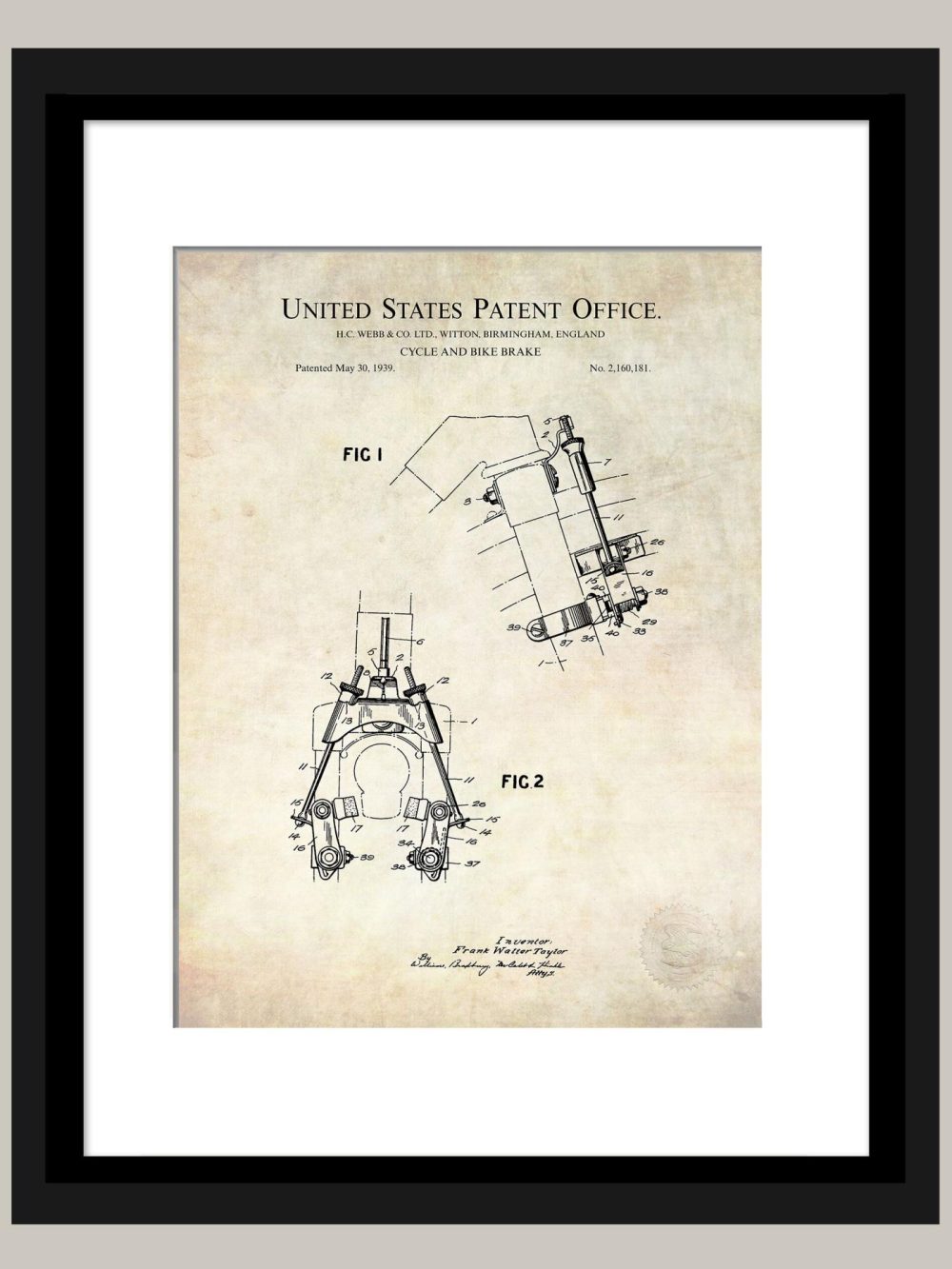 Sports | Bicycle Brake Design | 1939 Patent Print Shop Antique