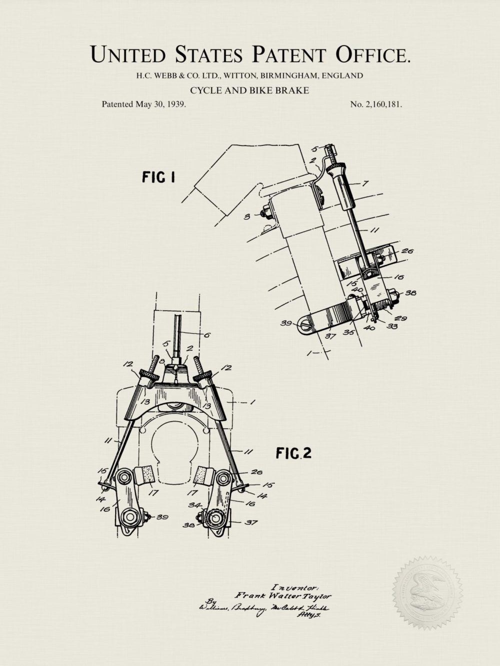 Sports | Bicycle Brake Design | 1939 Patent Print Shop Antique