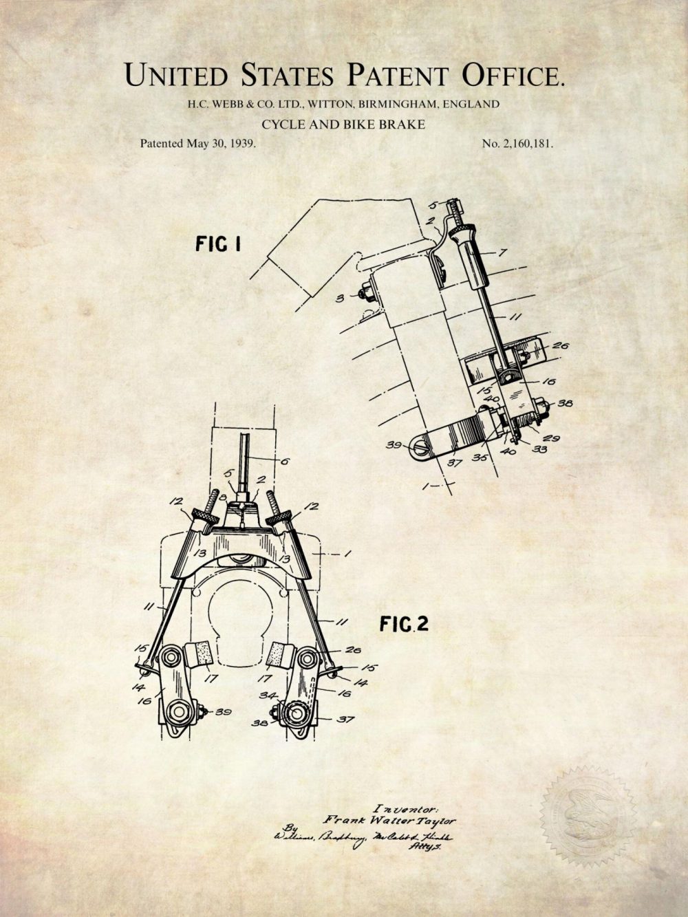 Sports | Bicycle Brake Design | 1939 Patent Print Shop Antique