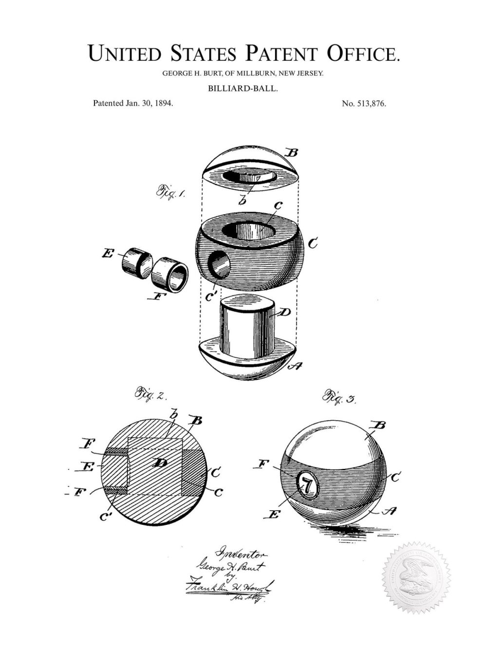 Sports | Billiard Ball Design | 1894 Patent Print Shop Antique