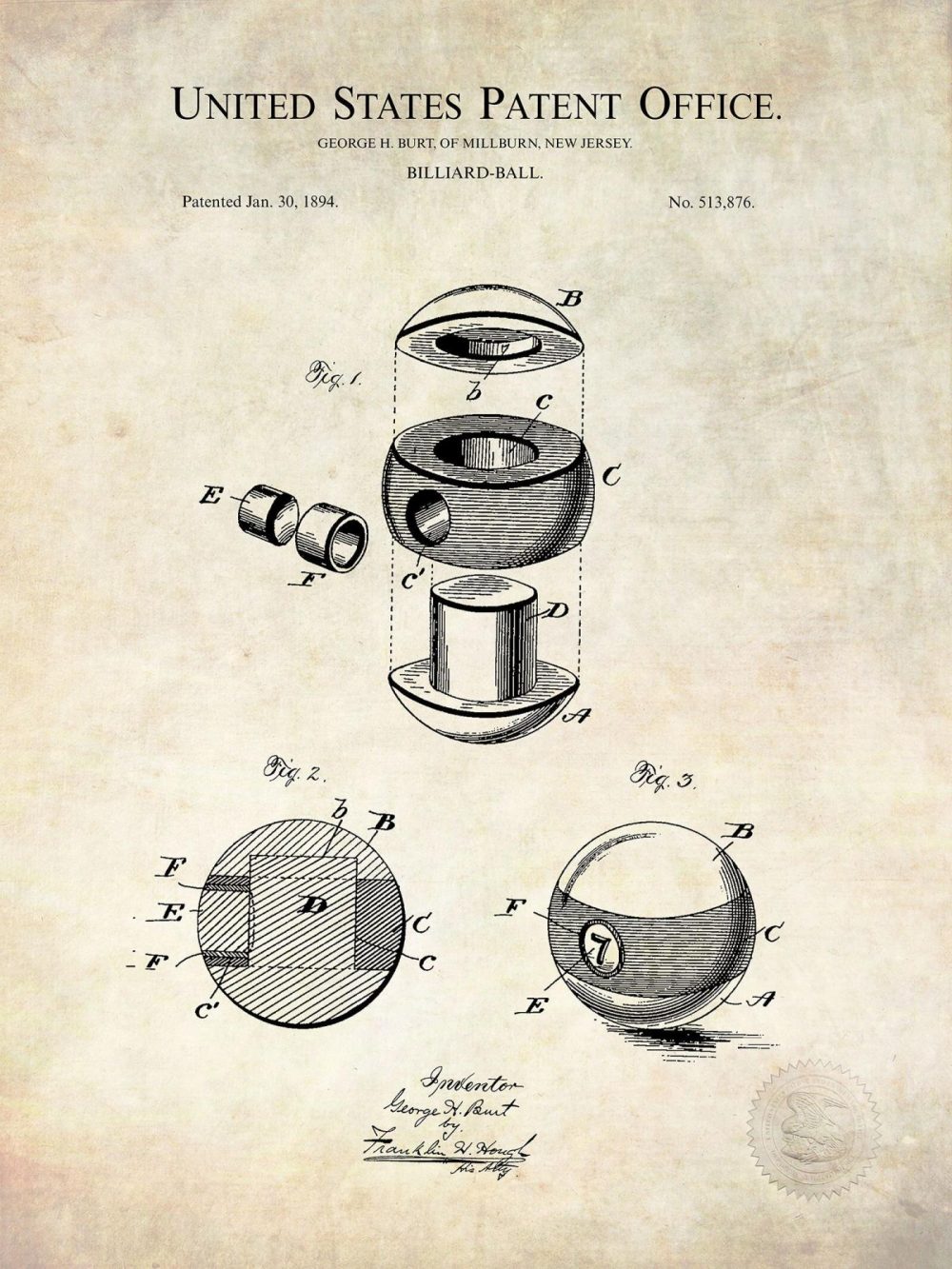 Sports | Billiard Ball Design | 1894 Patent Print Shop Antique