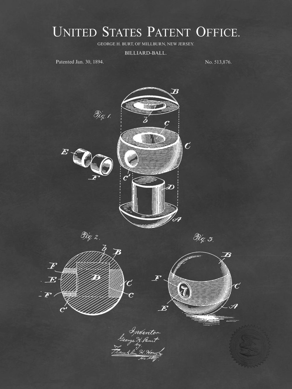 Sports | Billiard Ball Design | 1894 Patent Print Shop Antique