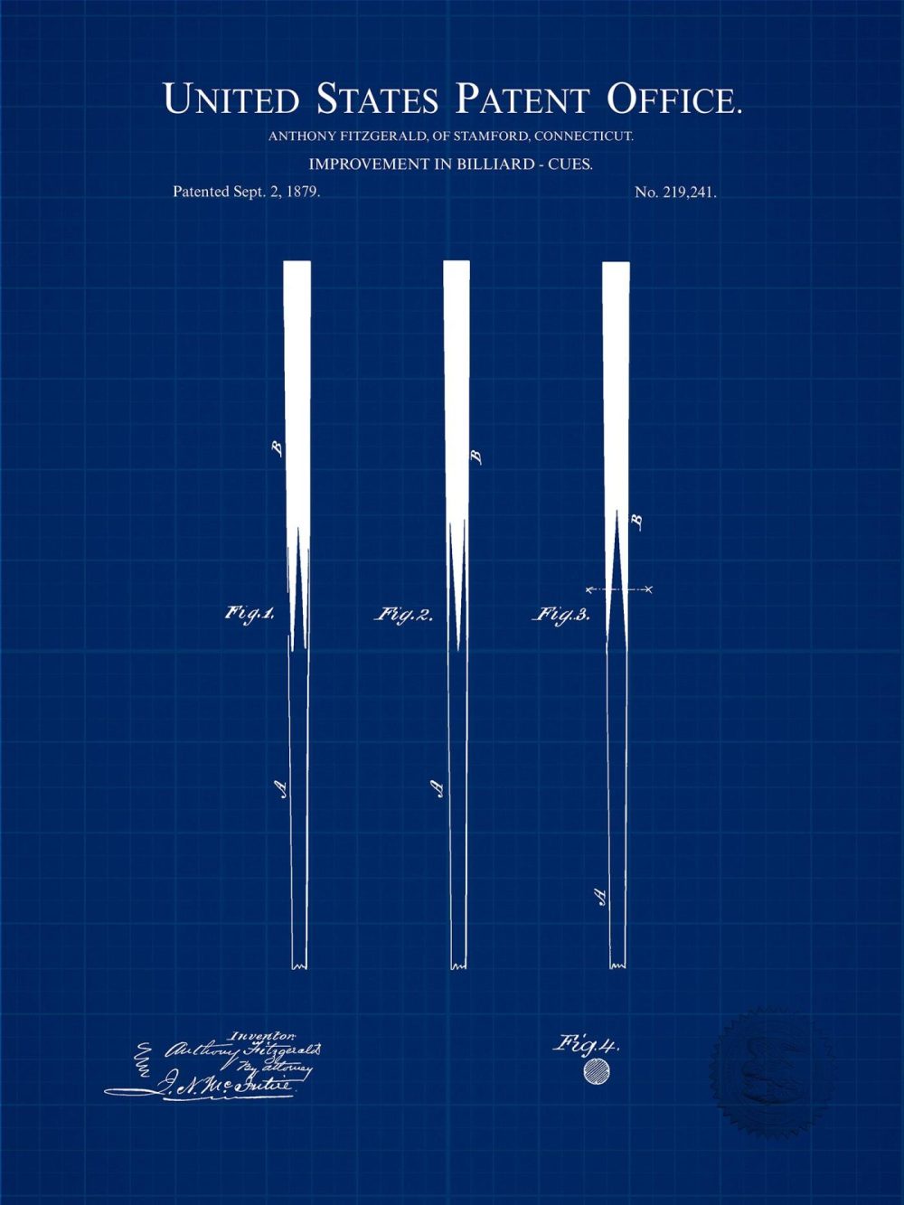 Sports | Billiard Cue Design | 1879 Patent Shop Antique