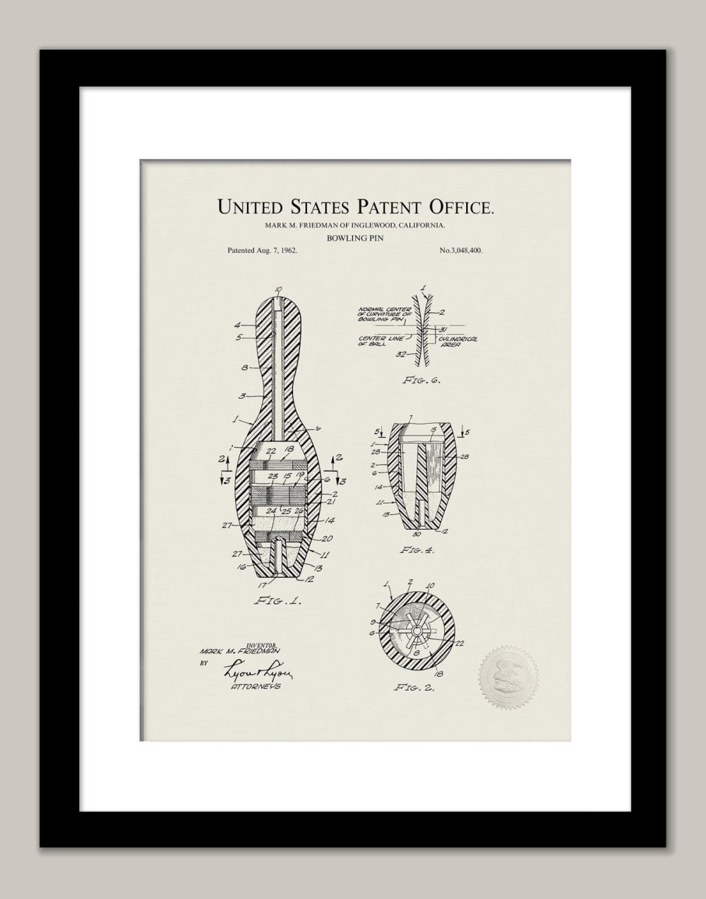 Sports | Bowling Pin Design | 1962 Patent Print Shop Antique