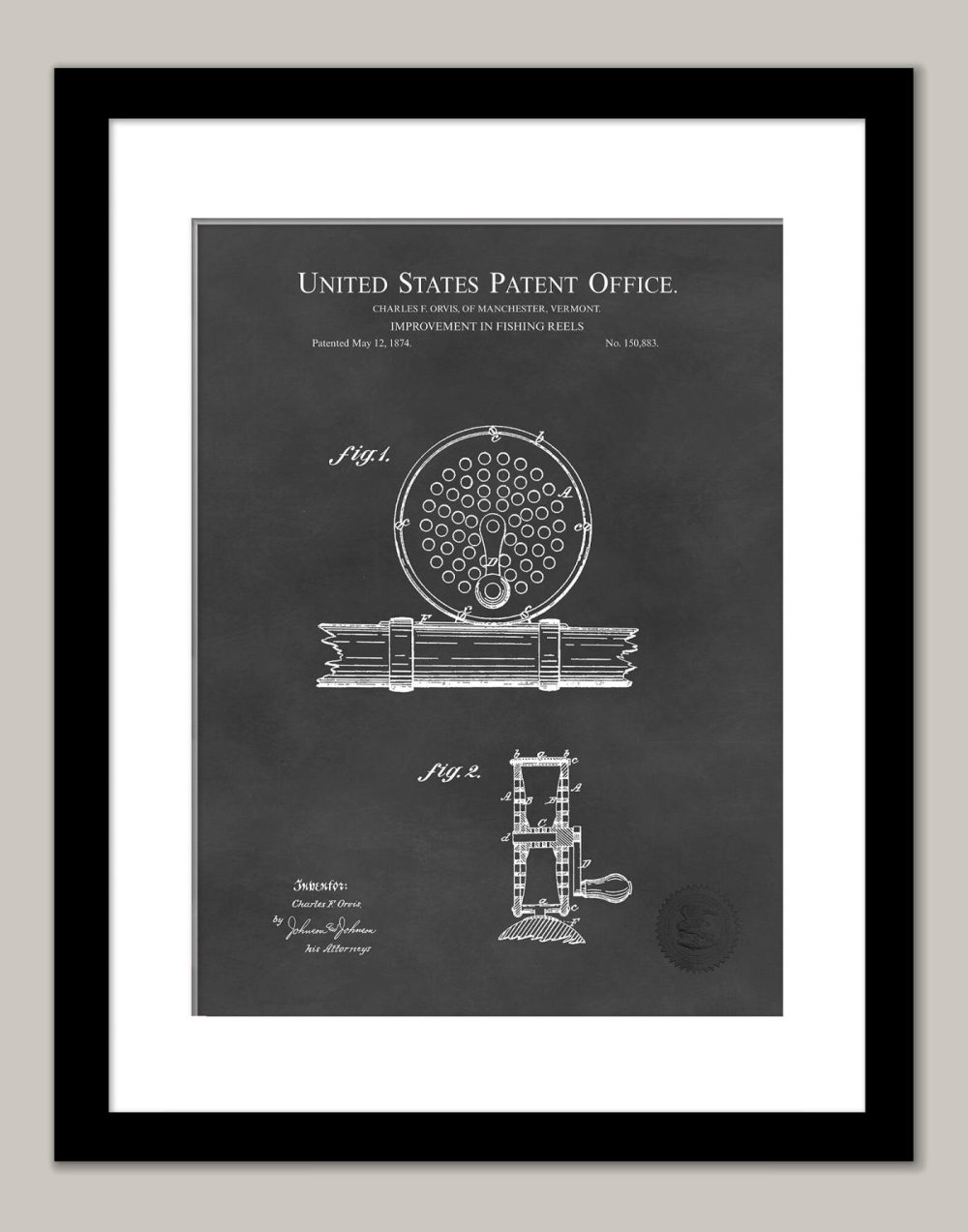 Sports | Fishing Reel Design | 1874 Patent Print Shop Antique