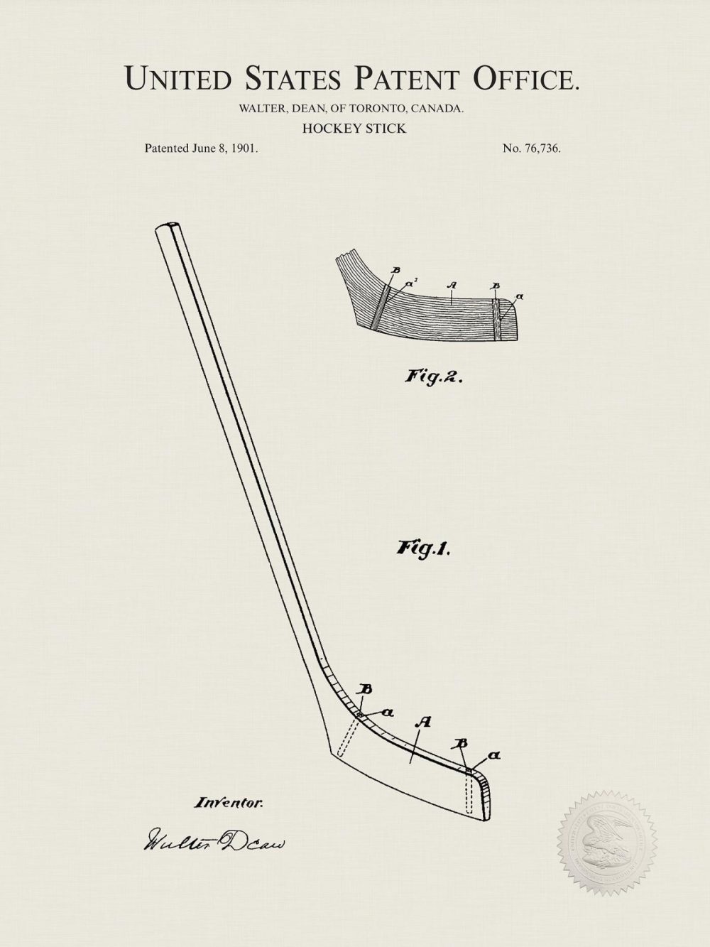 Sports | Hockey Stick Design | 1901 Patent Print Shop Antique