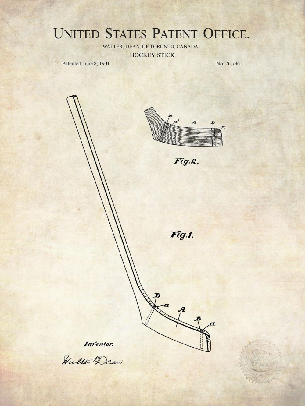 Sports | Hockey Stick Design | 1901 Patent Print Shop Antique