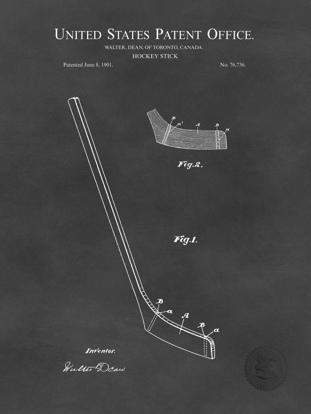 Sports | Hockey Stick Design | 1901 Patent Print Shop Antique