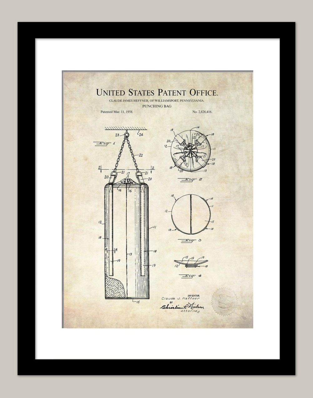 Sports | Punching Bag | 1958 Patent | Boxing Print Shop Antique