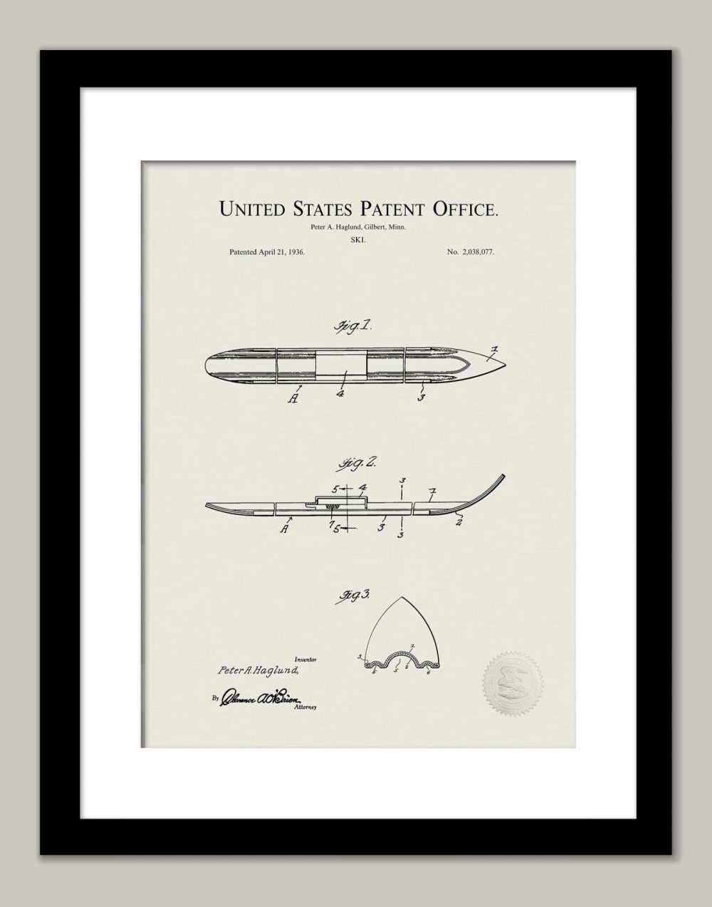 Sports | Ski Design | 1936 Patent | Skiing Print Shop Antique