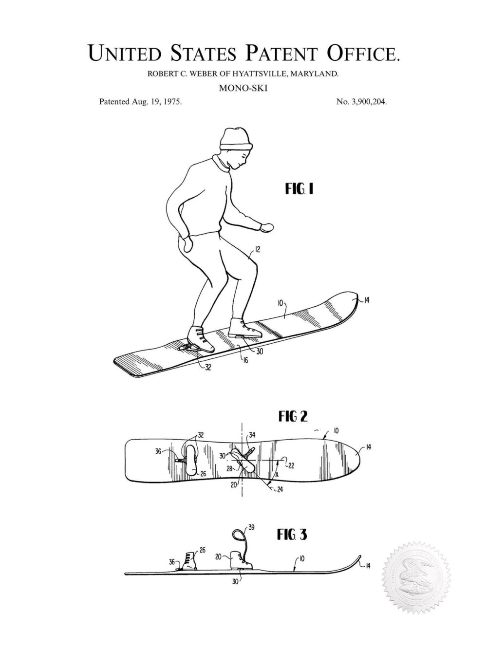 Sports | Snowboard Design | 1975 Patent Print Shop Antique