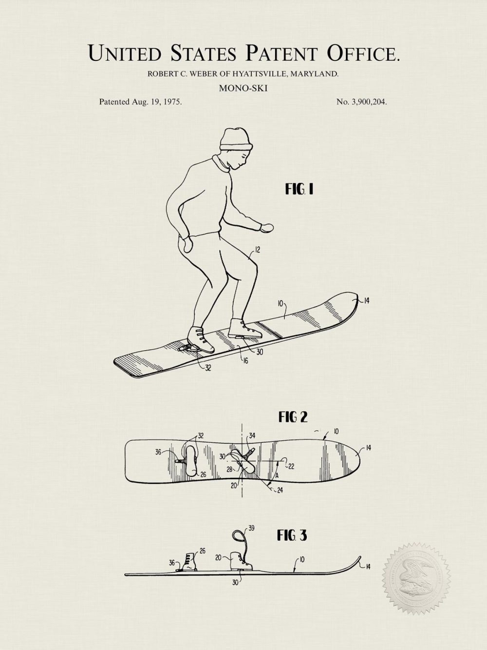 Sports | Snowboard Design | 1975 Patent Print Shop Antique