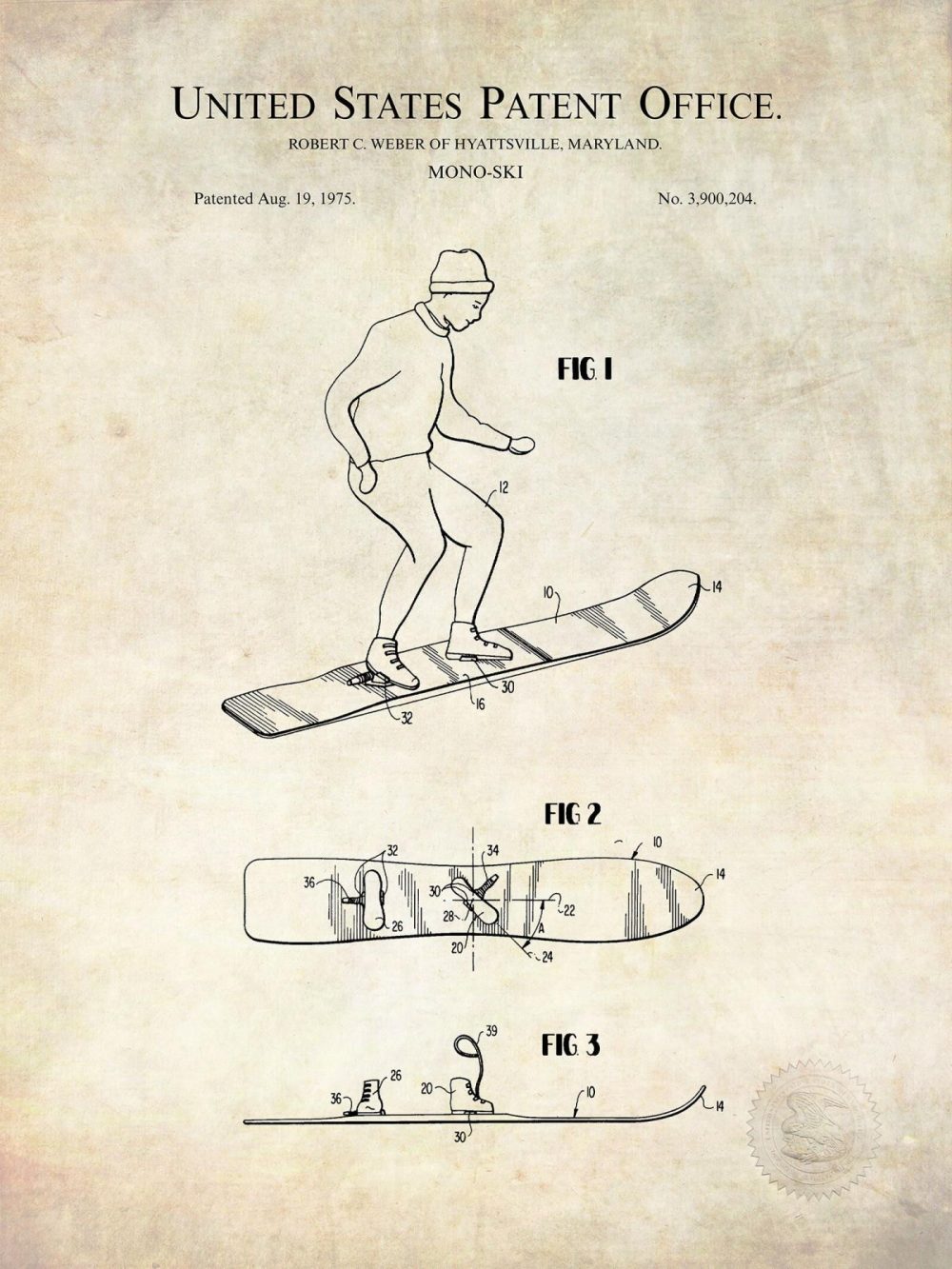 Sports | Snowboard Design | 1975 Patent Print Shop Antique