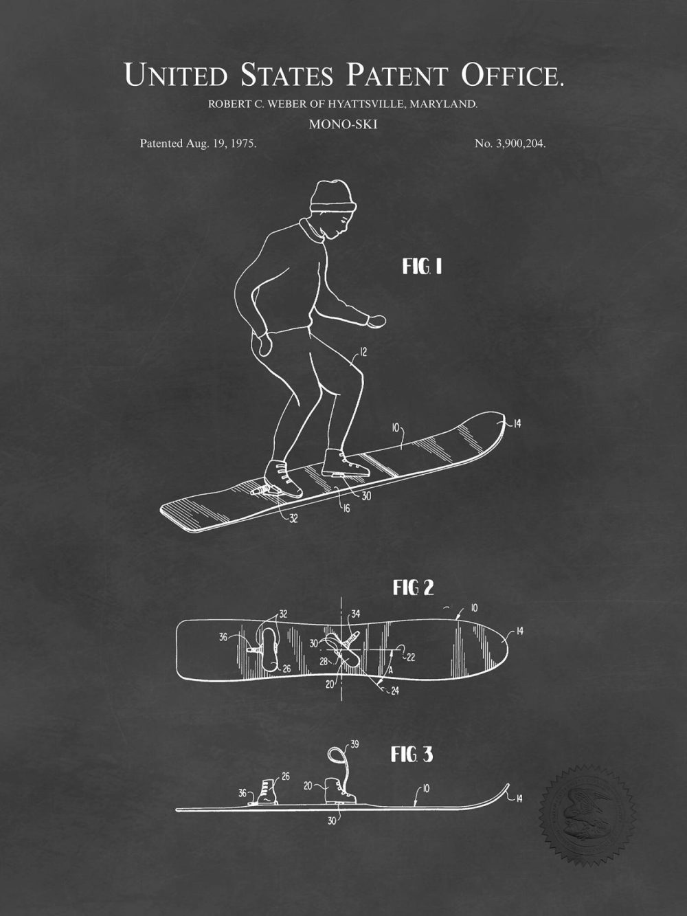 Sports | Snowboard Design | 1975 Patent Print Shop Antique