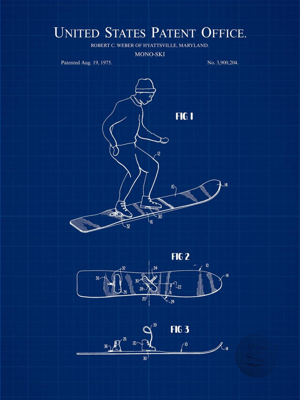 Sports | Snowboard Design | 1975 Patent Print Shop Antique