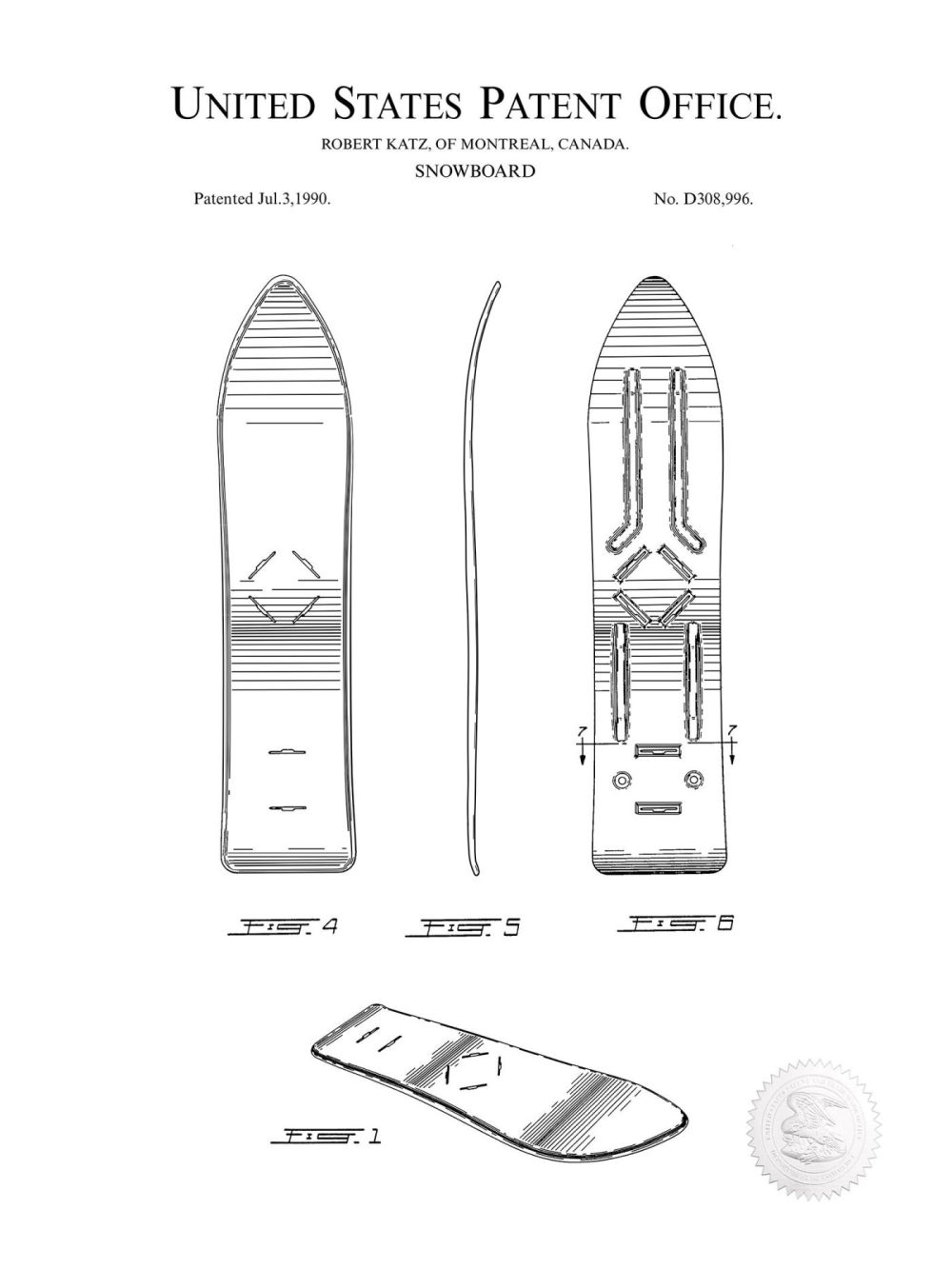 Sports | Snowboard Design | 1990 Patent Print Shop Antique