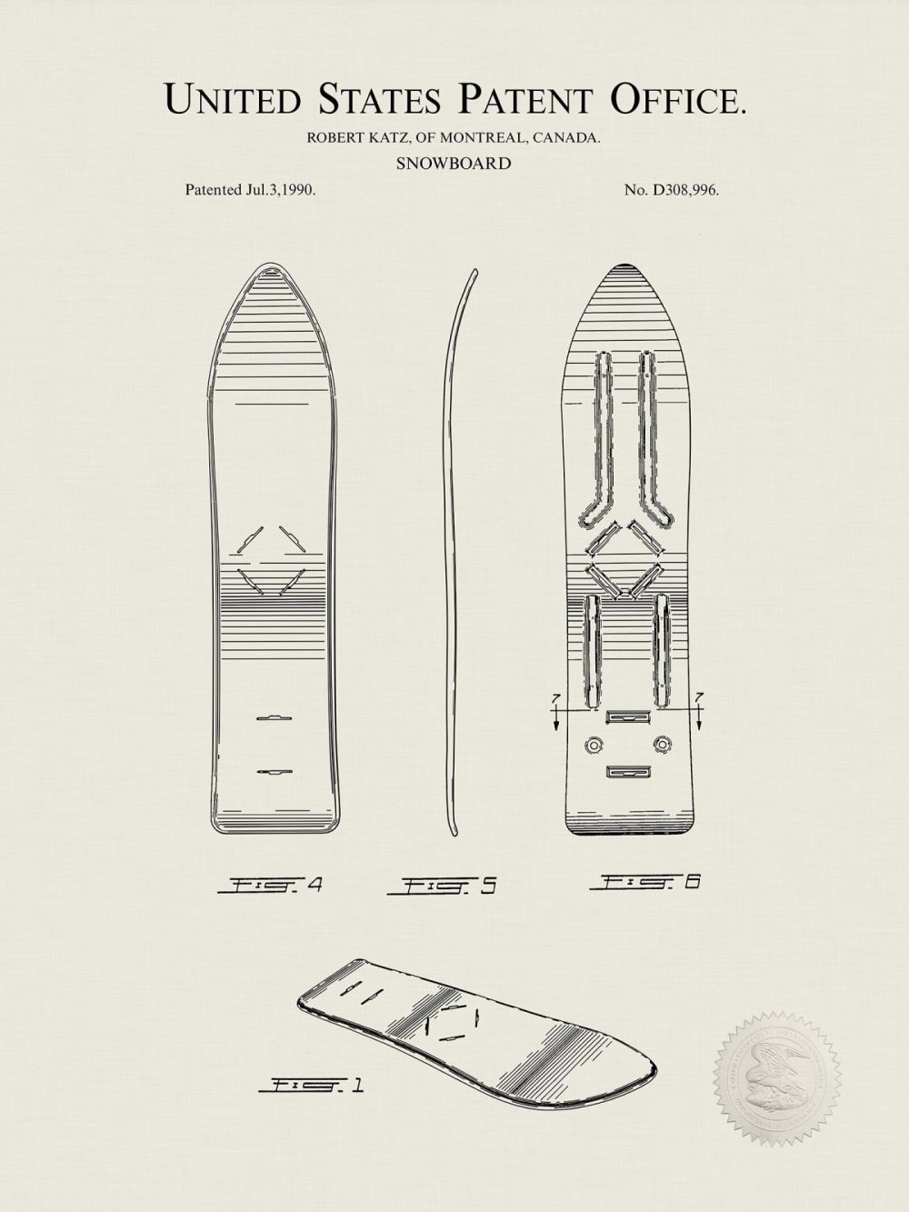 Sports | Snowboard Design | 1990 Patent Print Shop Antique