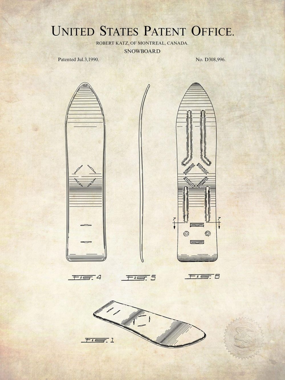 Sports | Snowboard Design | 1990 Patent Print Shop Antique