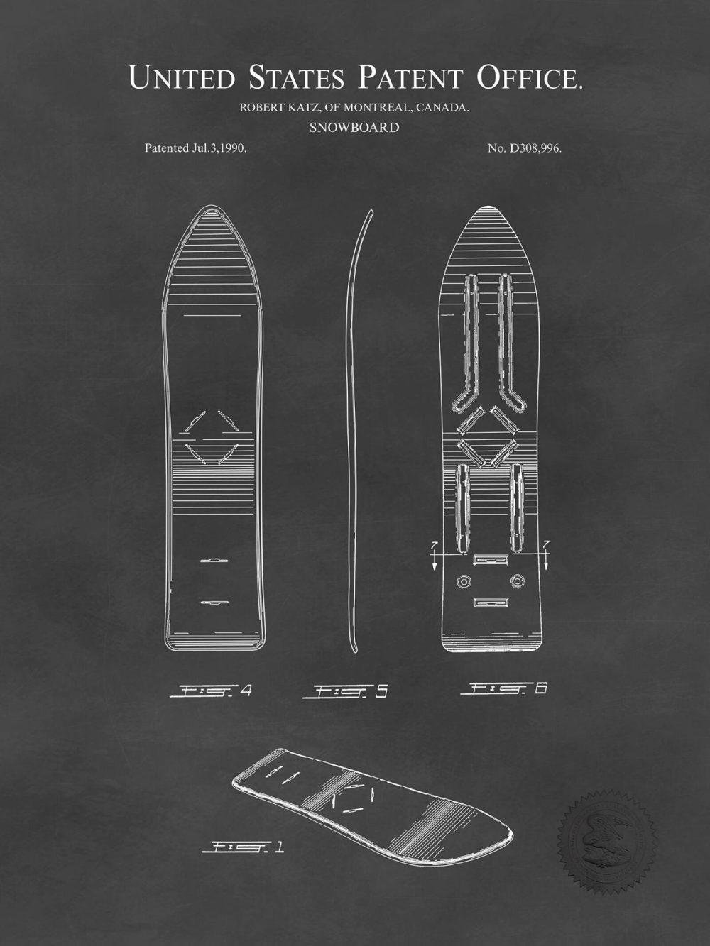 Sports | Snowboard Design | 1990 Patent Print Shop Antique