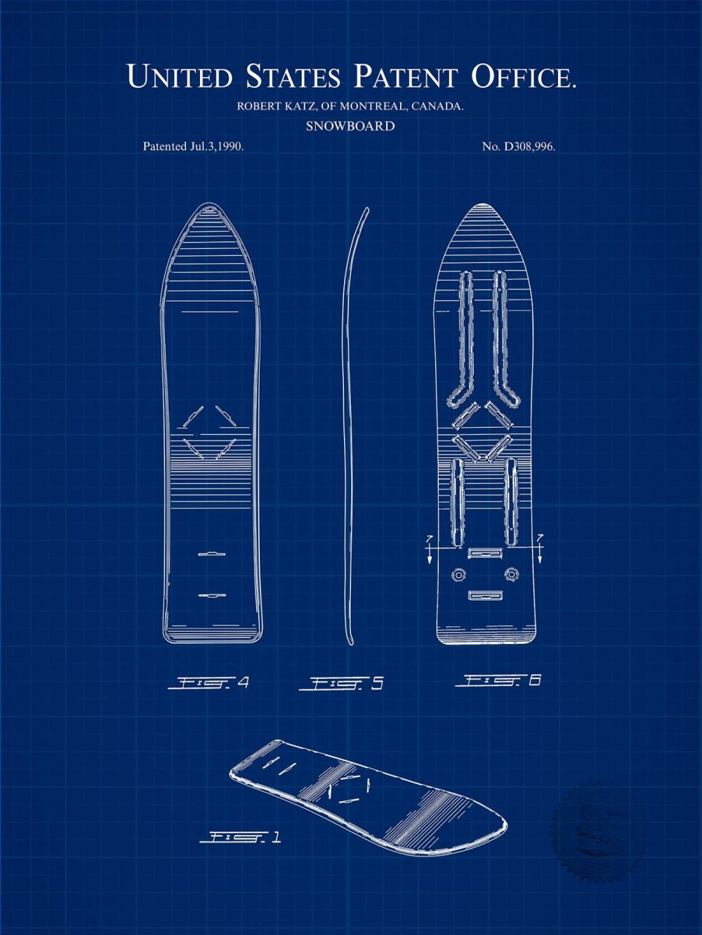 Sports | Snowboard Design | 1990 Patent Print Shop Antique